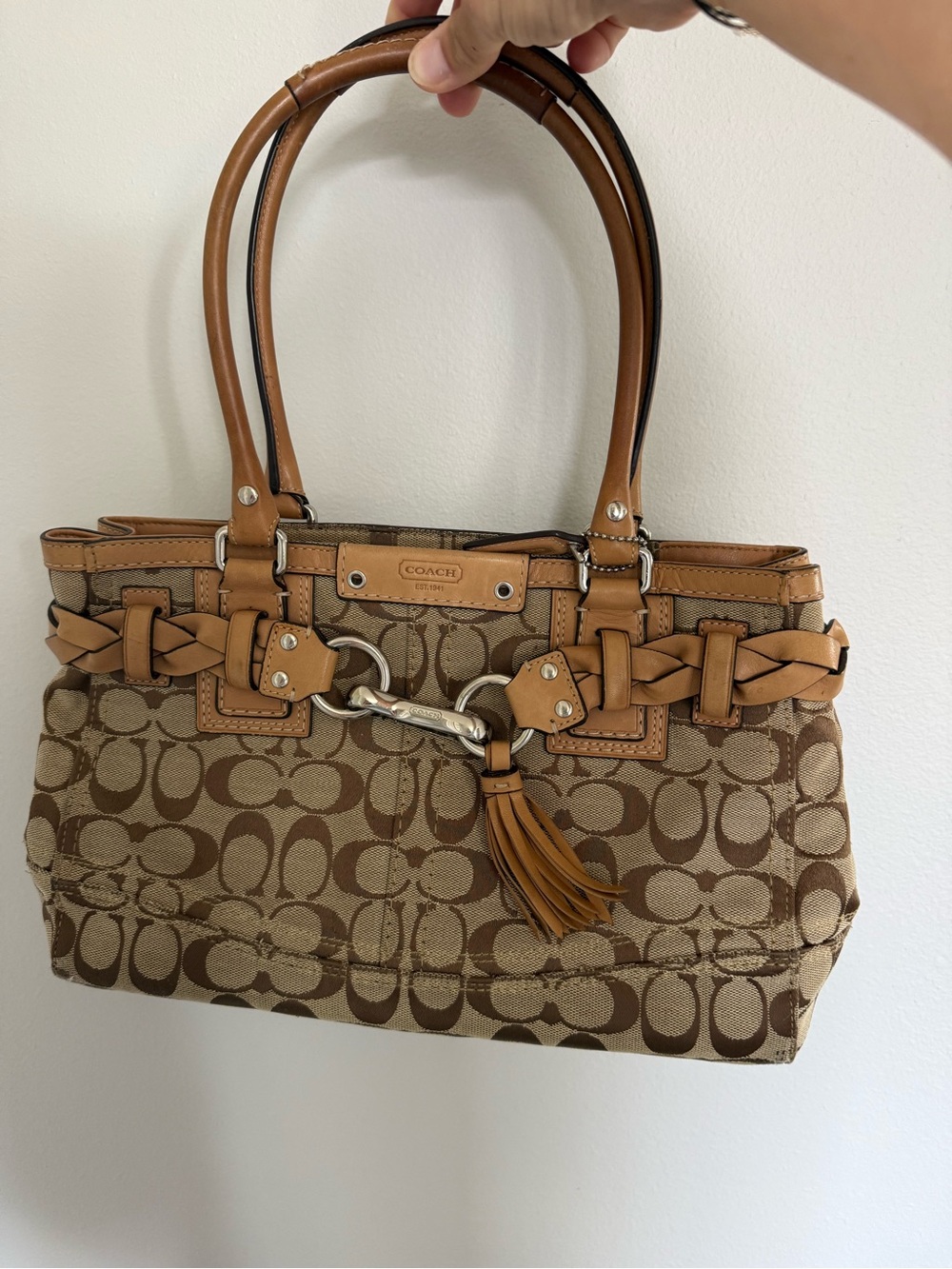 Coach Brown/Tan Signature Canvas Shoulder Bag with Tassel